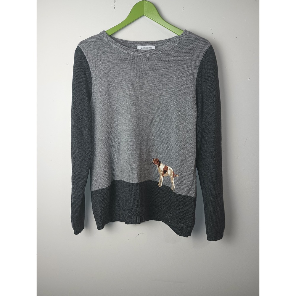 Liz Claiborne Women Grey Colorblock Hunting Dog Intarsia Sweater Large